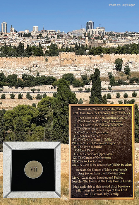 These stones are buried underneath the center aisle of the church and are marked with a numbered tile. This plaque lists the sites from which the stones were collected and correlates with the numbered tiles on the floor.