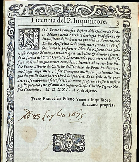 Original 1521 Imprimatur from Rosario della Glorious Vergine Maria